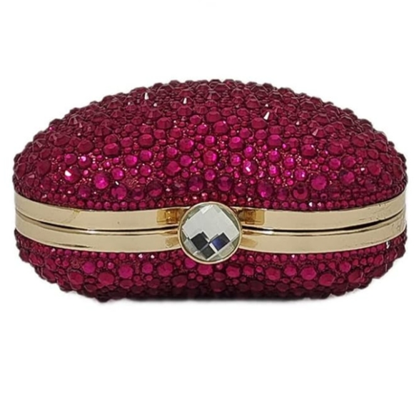 Fuchsia Pink Heart Shape Purse Sparkling Crystal Clutch Crossbody Bag Long Chain